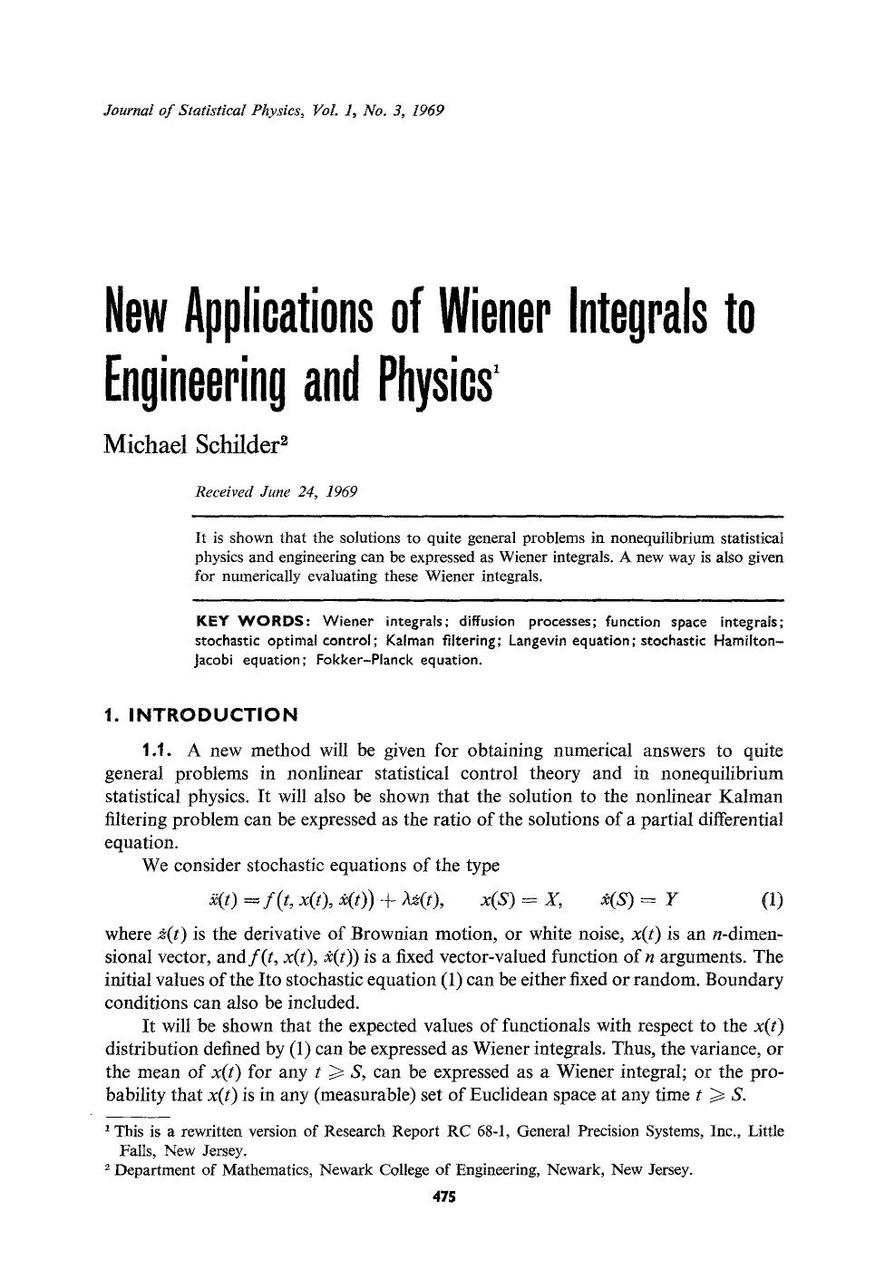 New applications of Wiener integrals to engineering and physics by Unknown