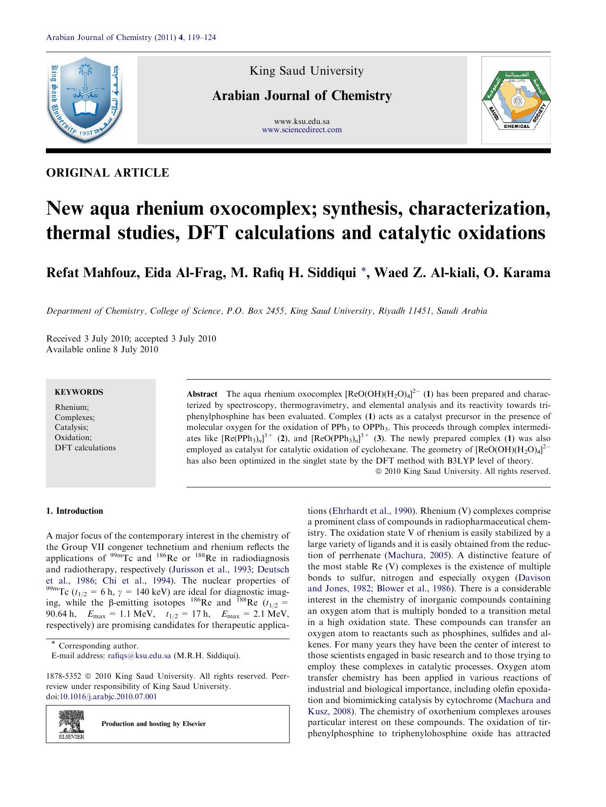 New aqua rhenium oxocomplex; synthesis, characterization, thermal studies, DFT calculations and catalytic oxidations by Refat Mahfouz & Eida Al-Frag & M. Rafiq H. Siddiqui & Waed Z. Al-kiali & O. Karama