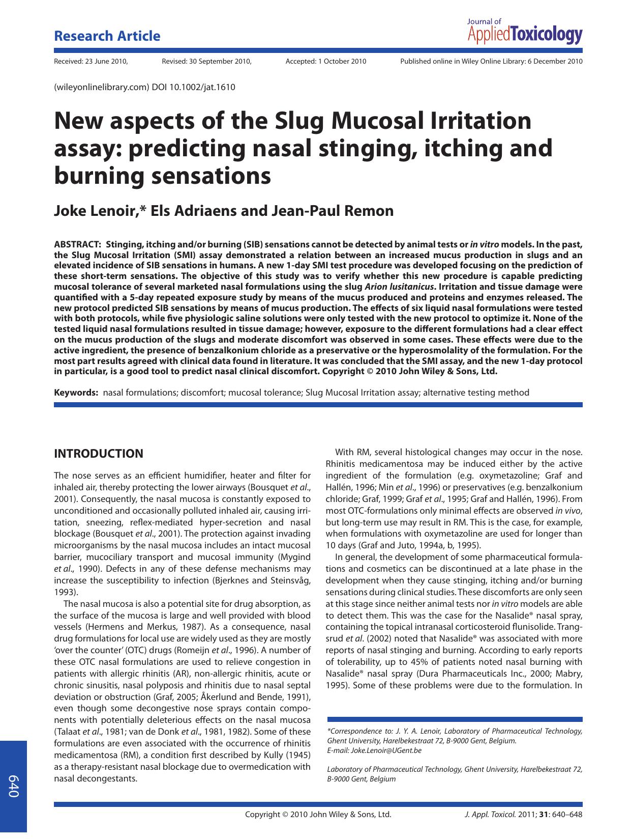 New aspects of the Slug Mucosal Irritation assay: predicting nasal stinging, itching and burning sensations by Unknown