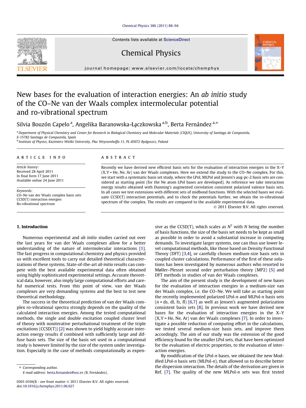 New bases for the evaluation of interaction energies: An ab initio study of the COÃ¢â¬âNe van der Waals complex intermolecular potential and ro-vibrational spectrum by Silvia BouzÃ³n Capelo & Angelika Baranowska-Łączkowska & Berta Fernández