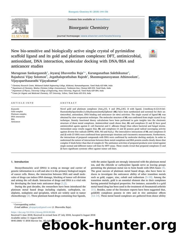 New bio-sensitive and biologically active single crystal of pyrimidine scaffold ligand and its gold and platinum complexes_ DFT, antimicrobial, antioxidant, DNA interaction, molecu by unknow
