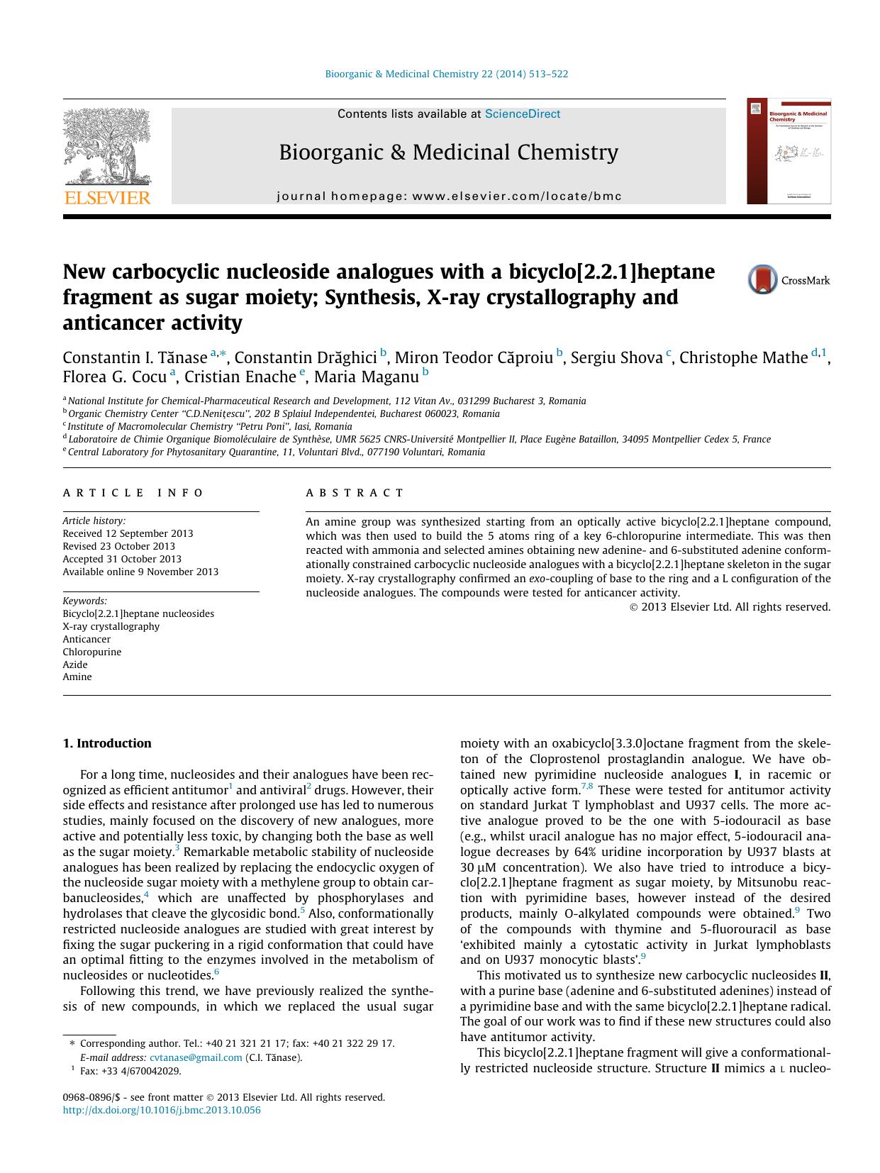 New carbocyclic nucleoside analogues with a bicyclo[2.2.1]heptane fragment as sugar moiety; Synthesis, X-ray crystallography and anticancer activity by unknow