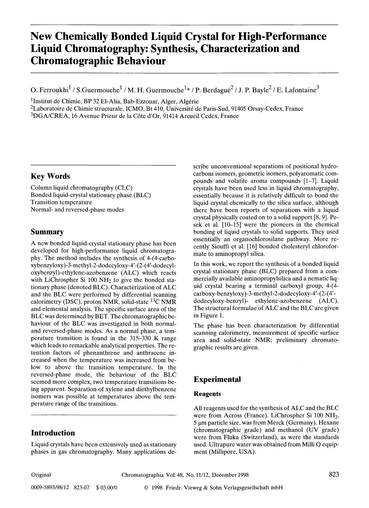 New chemically bonded liquid crystal for high-performance liquid chromatography: Synthesis, characterization and chromatographic behaviour by Unknown