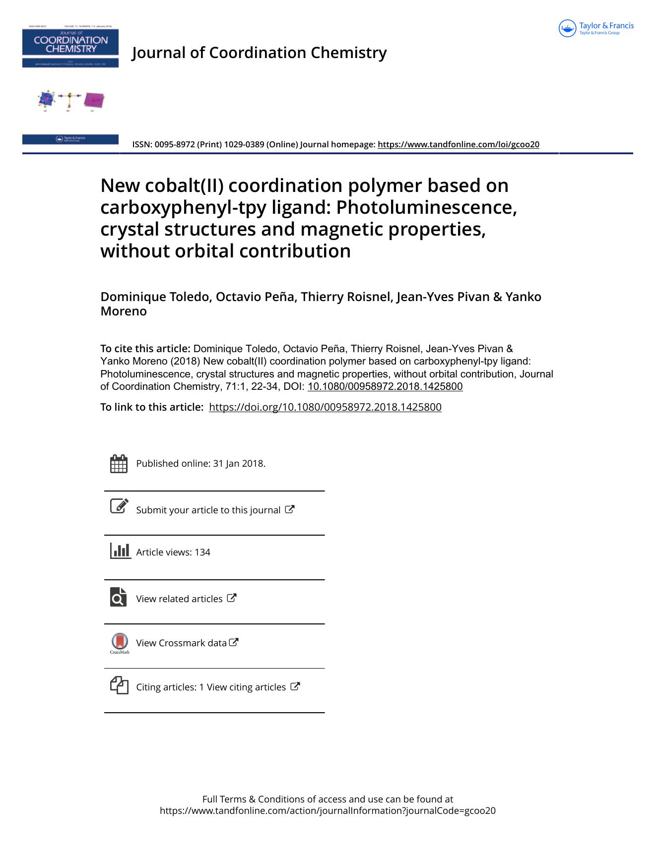 New cobalt(II) coordination polymer based on carboxyphenyl-tpy ligand: Photoluminescence, crystal structures and magnetic properties, without orbital contribution by Dominique Toledo & Octavio Peña & Thierry Roisnel & Jean-Yves Pivan & Yanko Moreno
