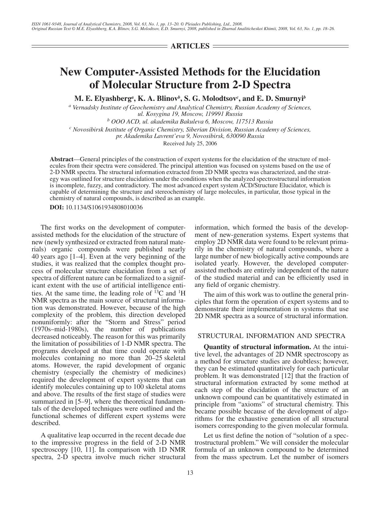 New computer-assisted methods for the elucidation of molecular structure from 2-D spectra by Unknown