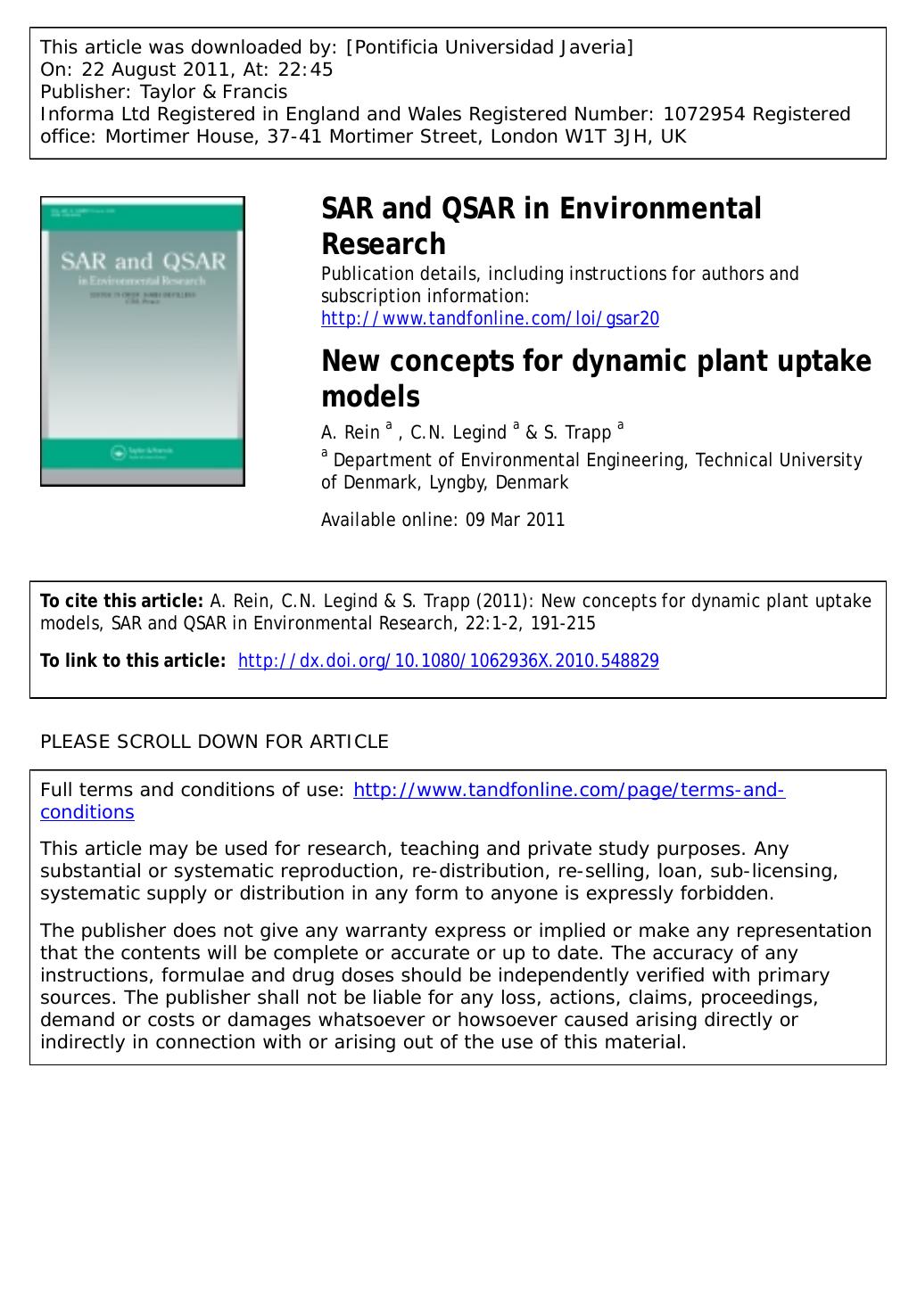 New concepts for dynamic plant uptake models by A. Rein a * arnr@env.dtu.dk C.N. Legind a & S. Trapp a