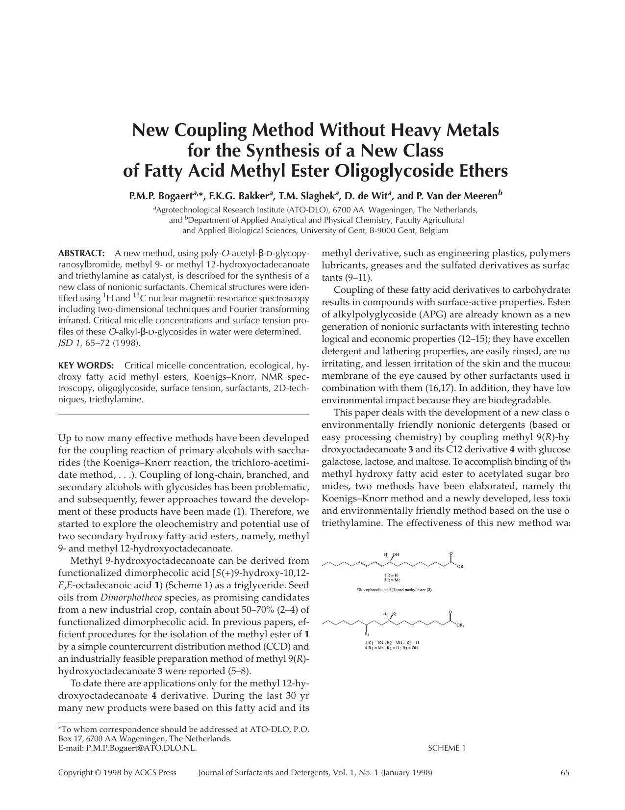 New coupling method without heavy metals for the synthesis of a new class of fatty acid methyl ester oligoglycoside ethers by Unknown