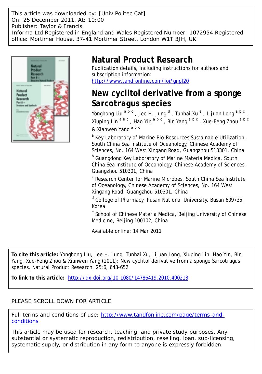 New cyclitol derivative from a sponge Sarcotragus species by unknow
