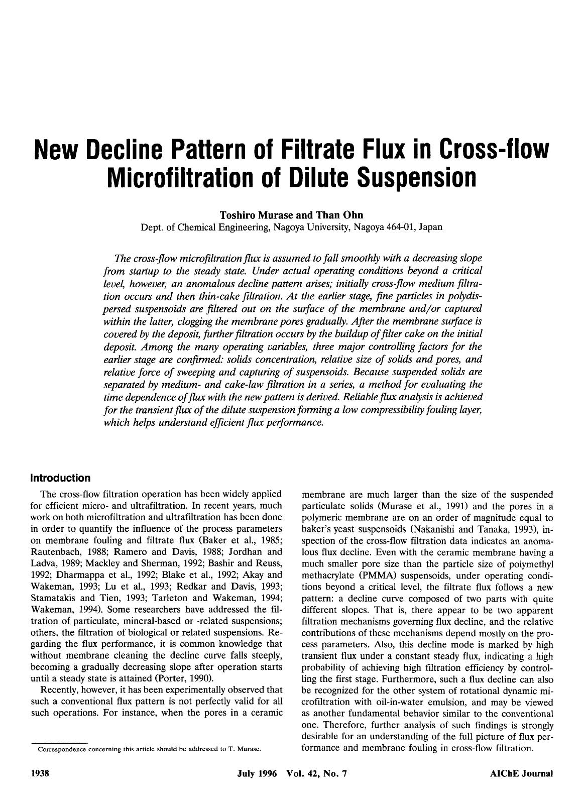 New decline pattern of filtrate flux in cross-flow microfiltration of dilute suspension by Unknown
