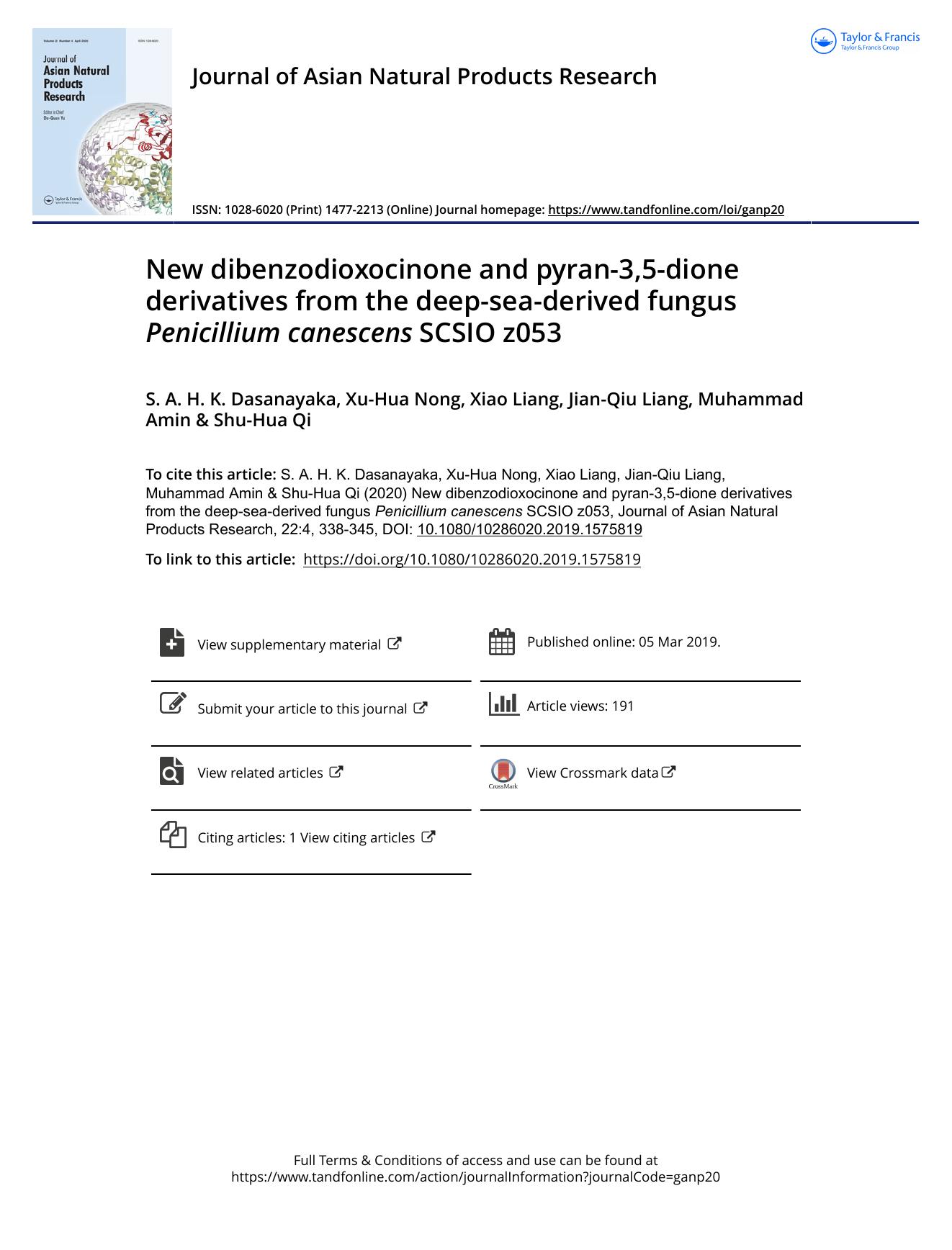 New dibenzodioxocinone and pyran-3,5-dione derivatives from the deep-sea-derived fungus Penicillium canescens SCSIO z053 by Dasanayaka S. A. H. K. & Nong Xu-Hua & Liang Xiao & Liang Jian-Qiu & Amin Muhammad & Qi Shu-Hua