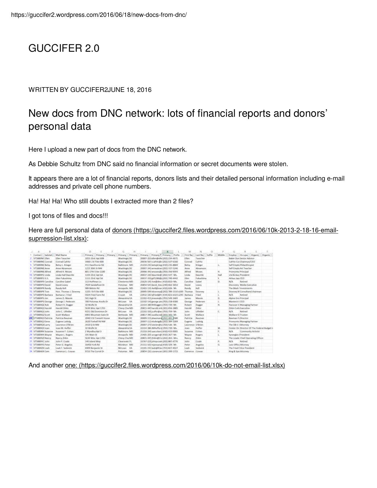 New docs from DNC network: lots of financial reports and donorsâ personal data â GUCCIFER 2.PDF by J