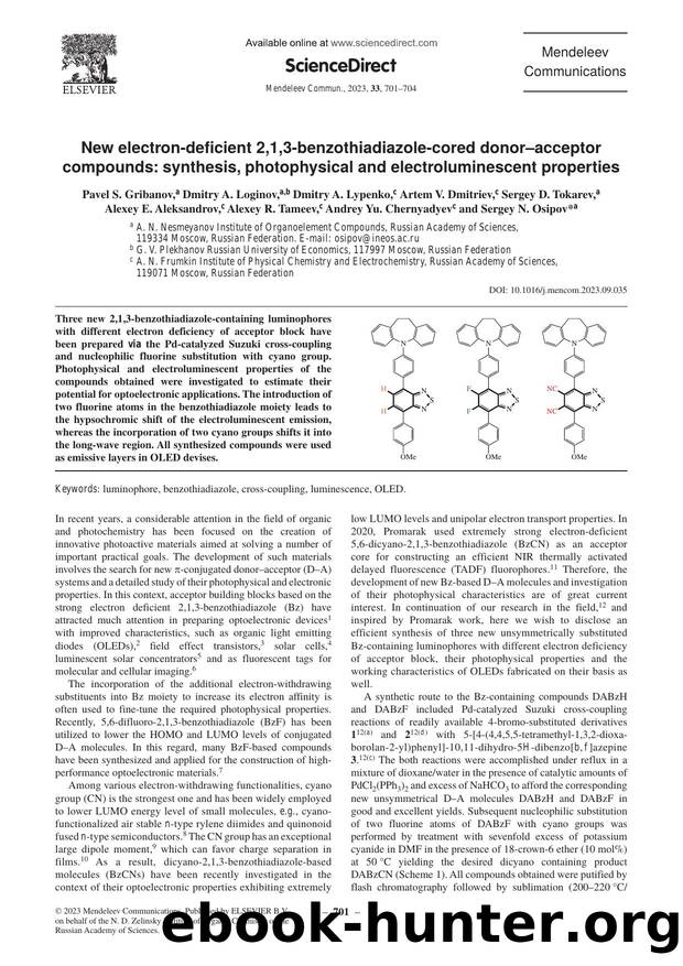 New electron-deficient 2,1,3-benzothiadiazole-cored donorâacceptor compounds: Synthesis, photophysical and electroluminescent properties by unknow