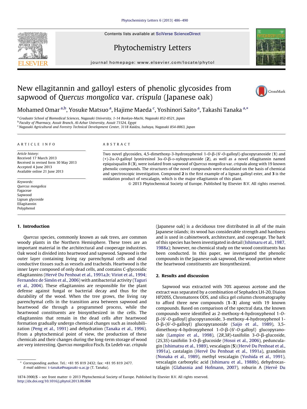 New ellagitannin and galloyl esters of phenolic glycosides from sapwood of Quercus mongolica var. crispula (Japanese oak) by Mohamed Omar