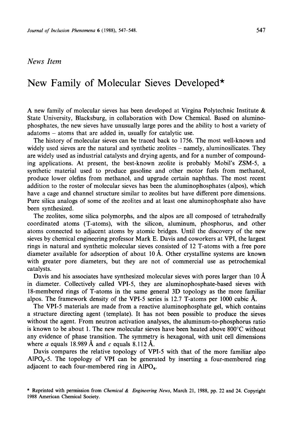New family of molecular sieves developed by Unknown