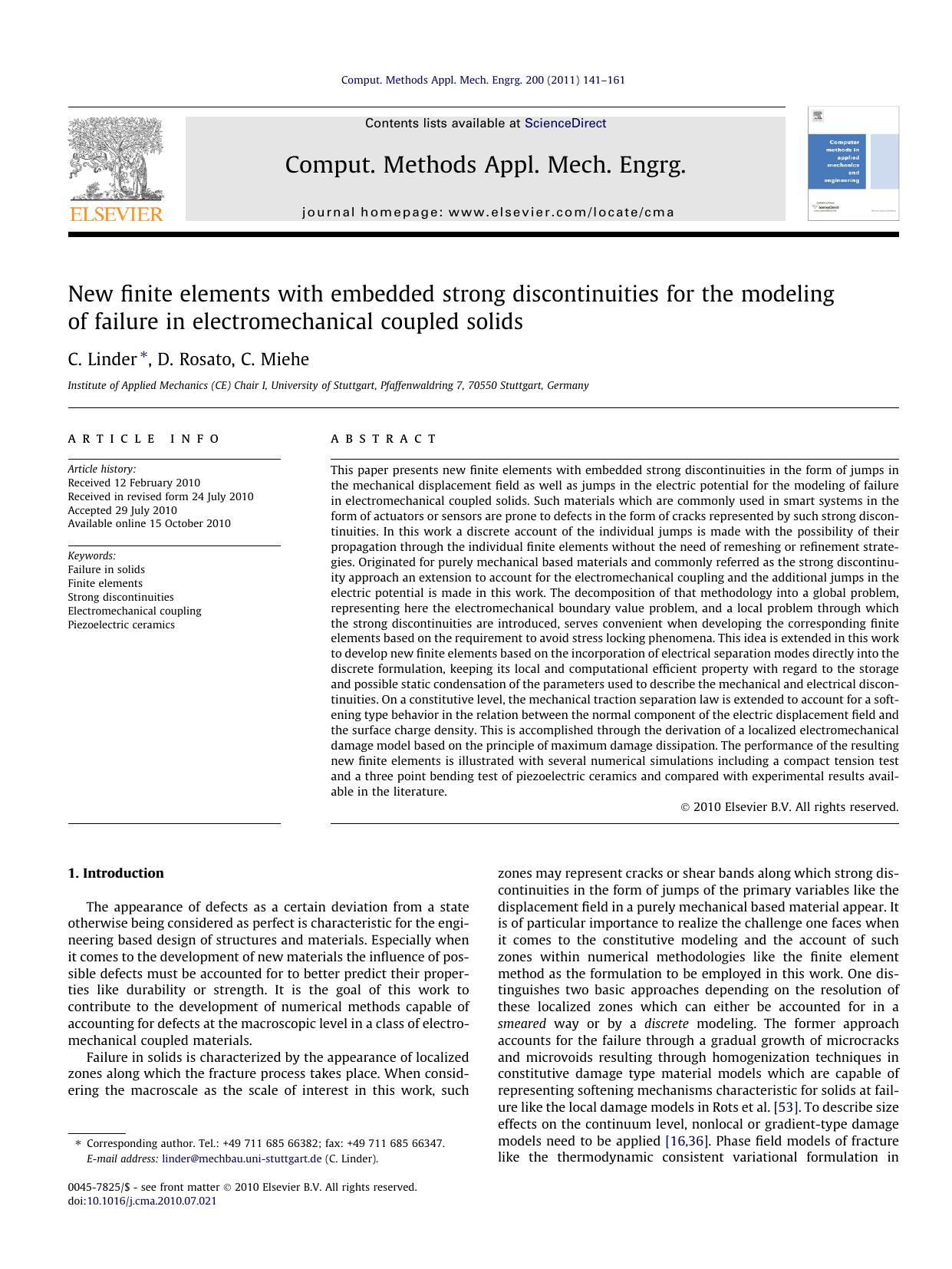 New finite elements with embedded strong discontinuities for the modeling of failure in electromechanical coupled solids by C. Linder & D. Rosato & C. Miehe