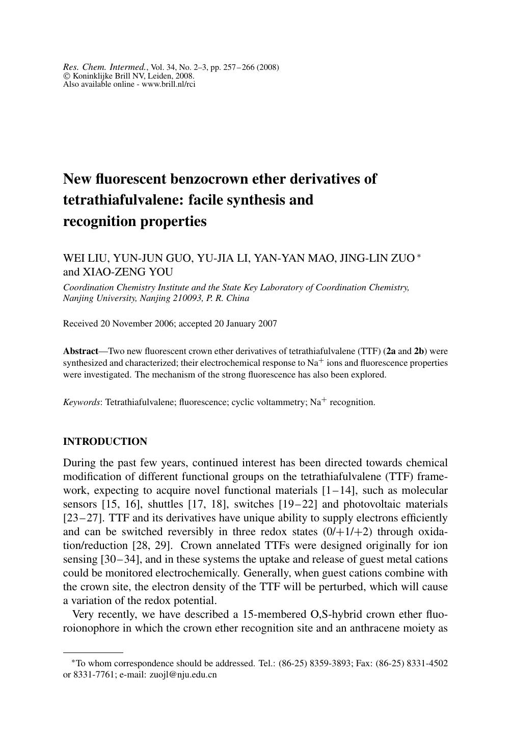 New fluorescent benzocrown ether derivatives of tetrathiafulvalene: facile synthesis and recognition properties by Unknown