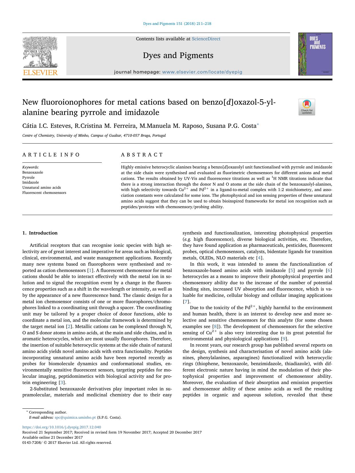 New fluoroionophores for metal cations based on benzo[d]oxazol-5-yl-alanine bearing pyrrole and imidazole by Cátia I.C. Esteves & R.Cristina M. Ferreira & M.Manuela M. Raposo & Susana P.G. Costa