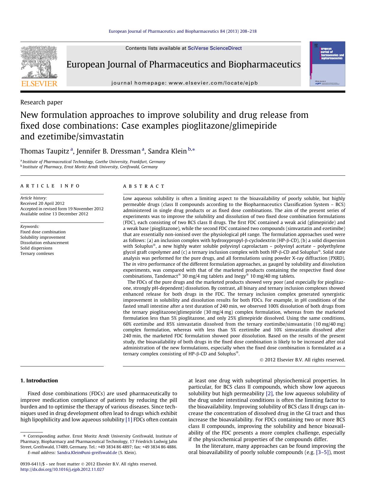New formulation approaches to improve solubility and drug release from fixed dose combinations: Case examples pioglitazoneglimepiride and ezetimibesimvastatin by Thomas Taupitz & Jennifer B. Dressman & Sandra Klein