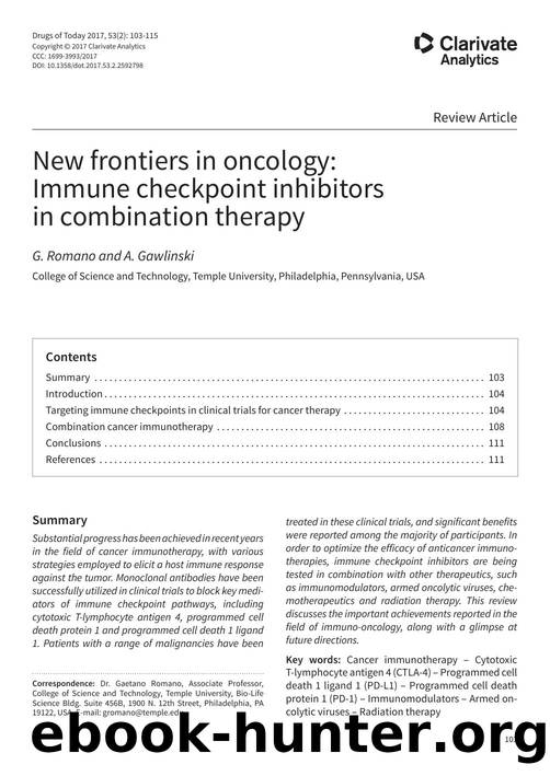 New frontiers in oncology: Immune checkpoint inhibitors in combination therapy by Copyright © 2017 Clarivate Analytics