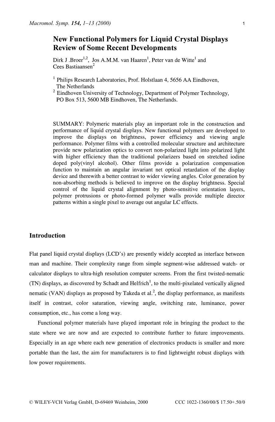 New functional polymers for liquid crystal displays review of some recent developments by SOD