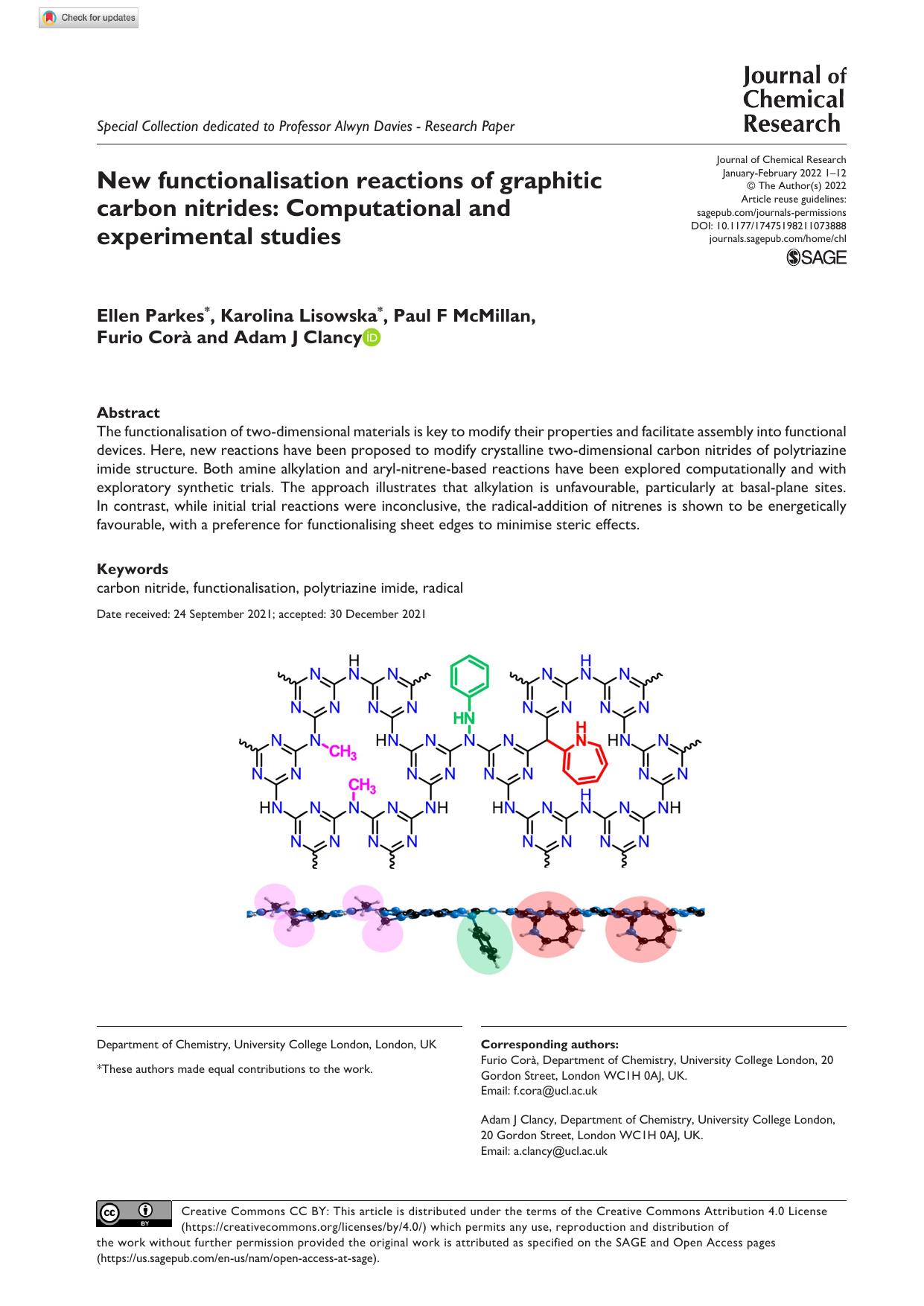 New functionalisation reactions of graphitic carbon nitrides: Computational and experimental studies by Ellen Parkes Karolina Lisowska Paul F McMillan Furio Corà & Adam J Clancy