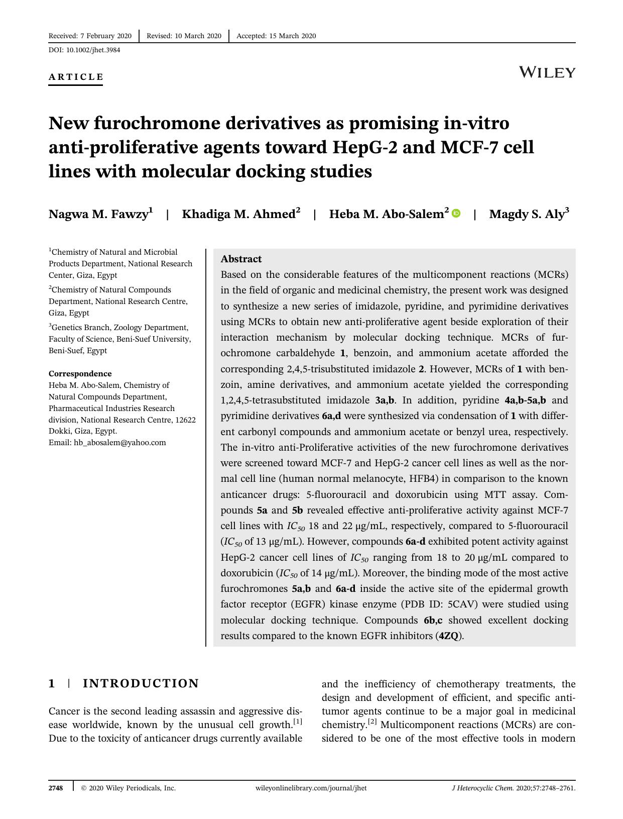 New furochromone derivatives as promising in-vitro anti-proliferative agents towards HepG-2 and MCF-7 cell lines with molecular docking studies by Unknown