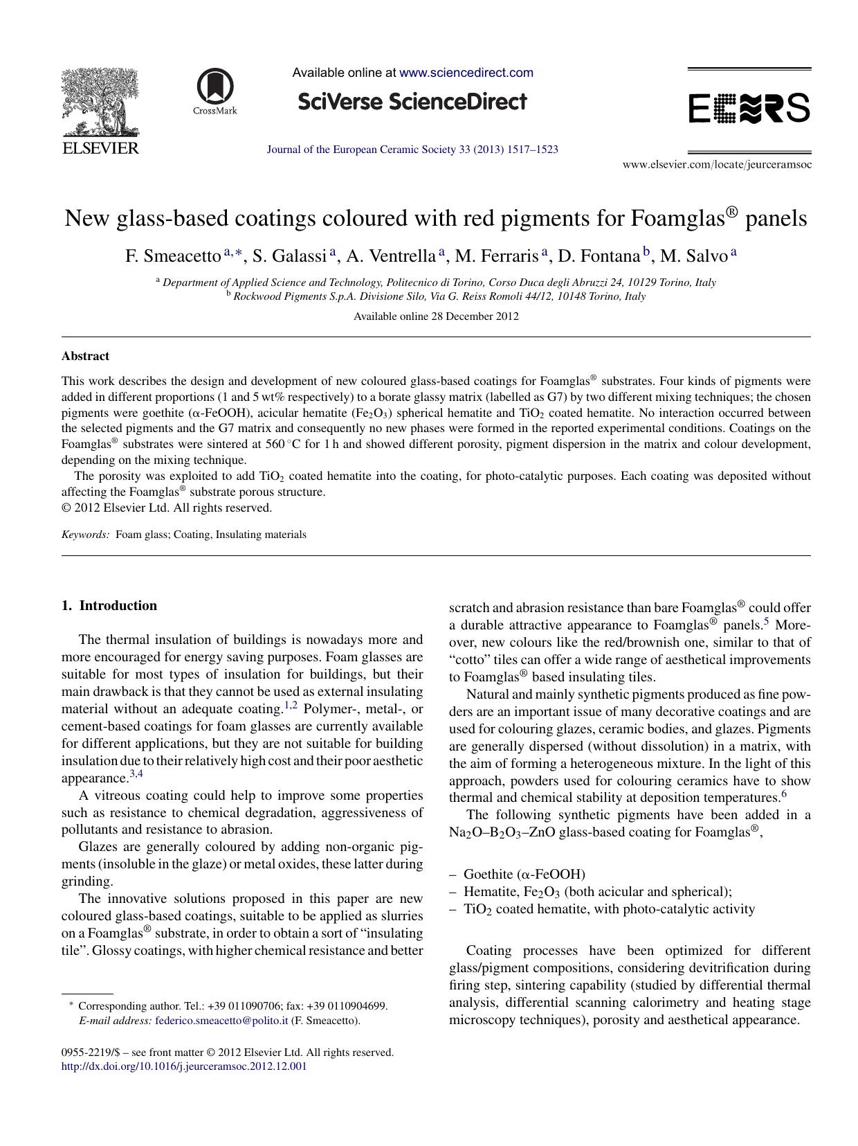 New glass-based coatings coloured with red pigments for FoamglasÂ® panels by F. Smeacetto & S. Galassi & A. Ventrella & M. Ferraris & D. Fontana & M. Salvo