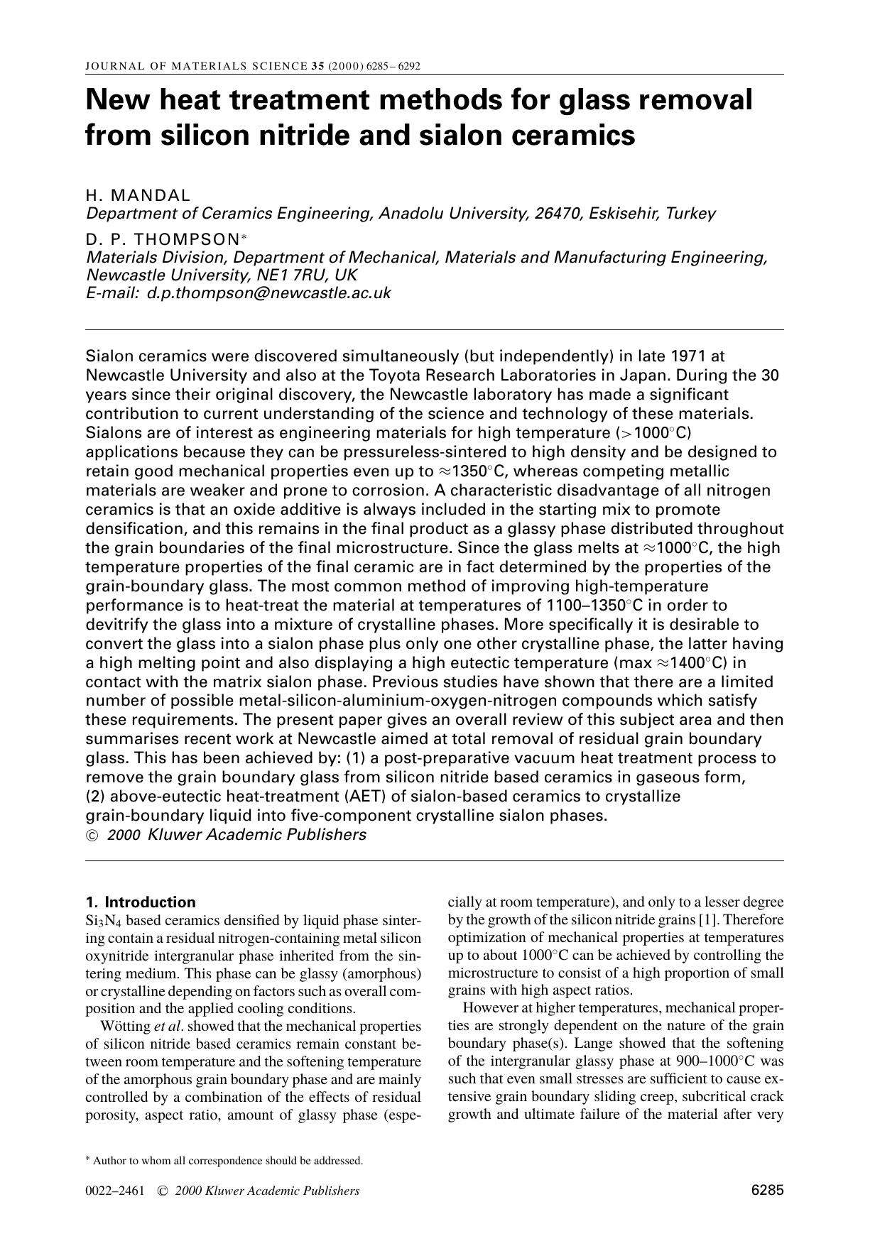 New heat treatment methods for glass removal from silicon nitride and sialon ceramics by Unknown