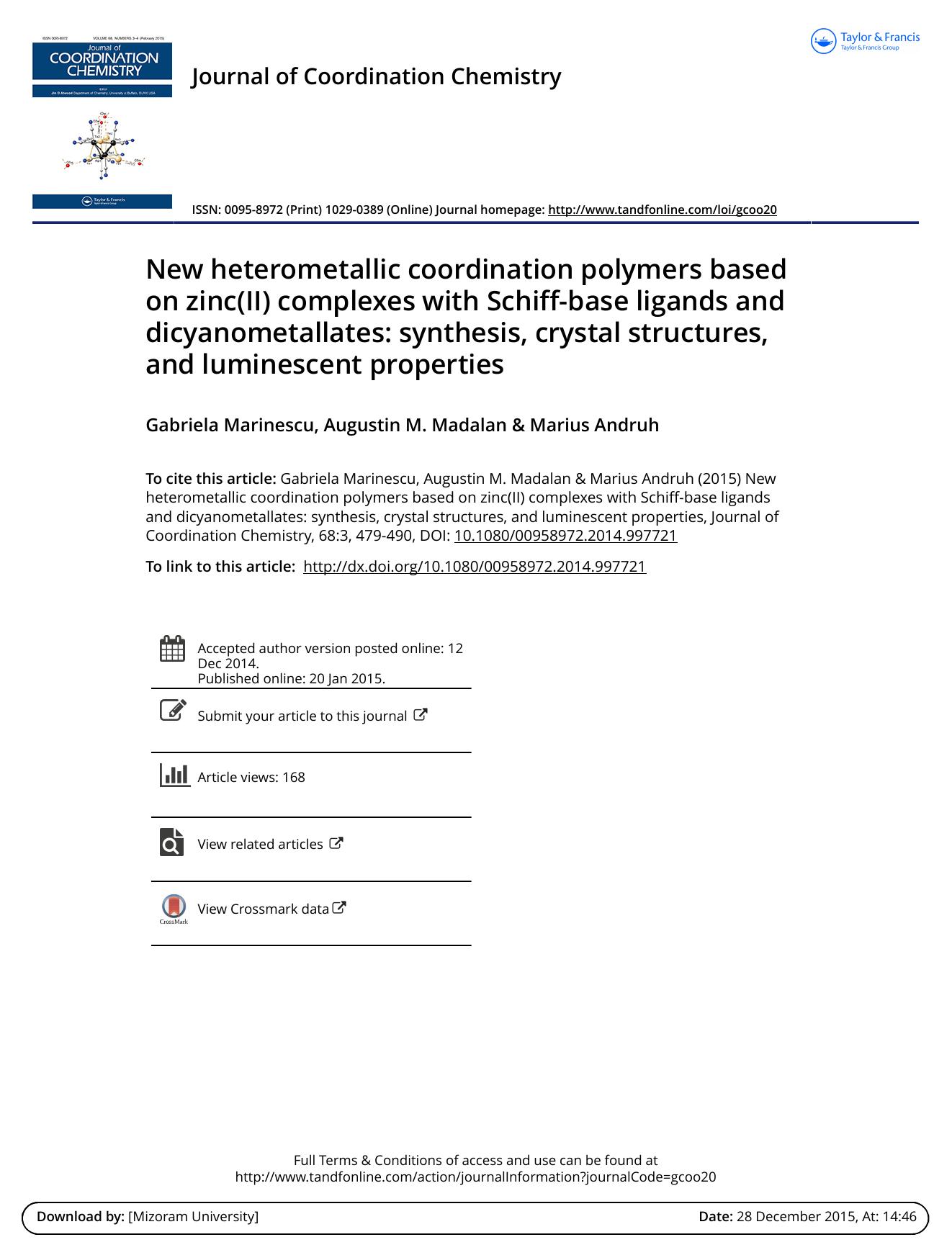 New heterometallic coordination polymers based on zinc(II) complexes with Schiff-base ligands and dicyanometallates: synthesis, crystal structures, and luminescent properties by Gabriela Marinescu