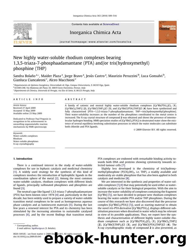 New highly water-soluble rhodium complexes bearing 1,3,5-triaza-7-phosphaadamantane (PTA) andor tris(hydroxymethyl) phosphine (THP) by unknow