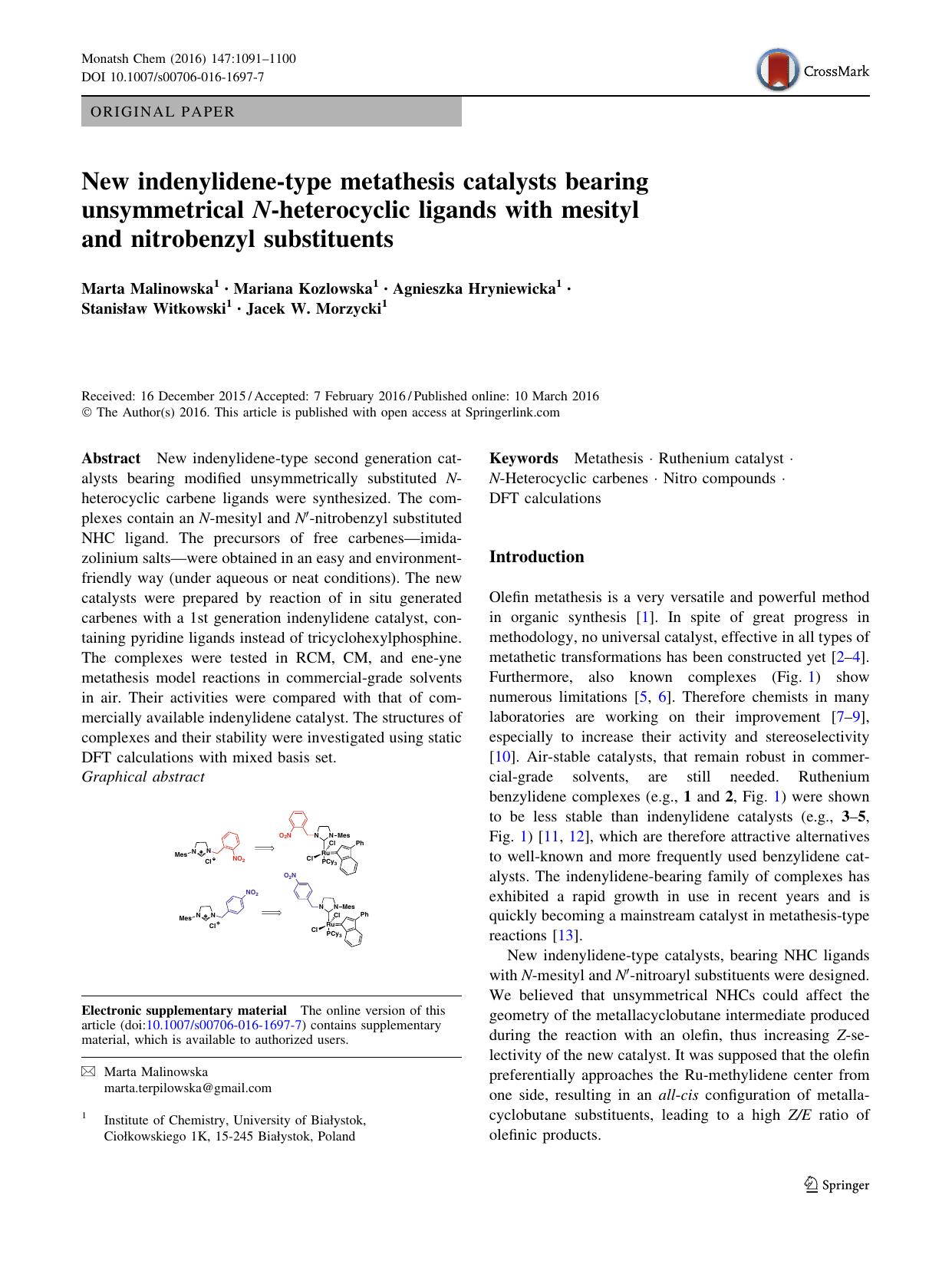 New indenylidene-type metathesis catalysts bearing unsymmetrical N-heterocyclic ligands with mesityl and nitrobenzyl substituents by unknow