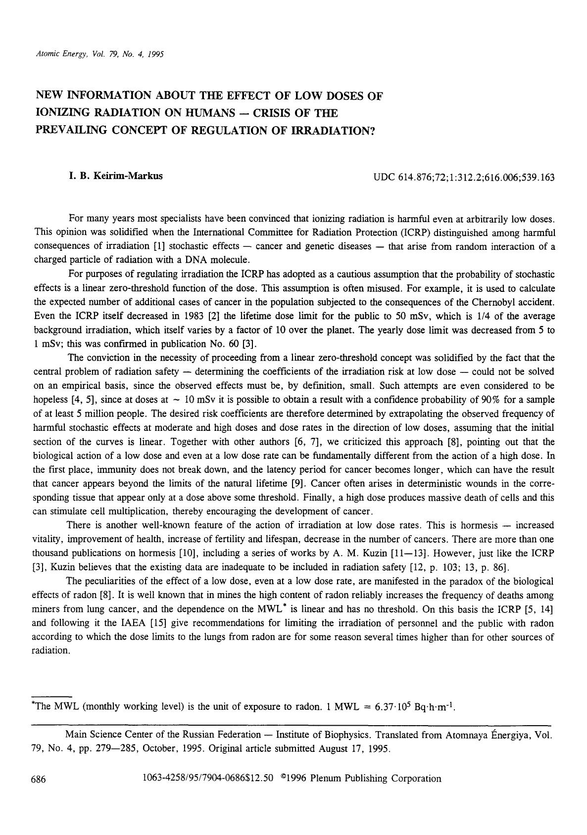 New information about the effect of low doses of ionizing radiation on humans &#x2014; Crisis of the prevailing concept of regulation of irradiation? by Unknown