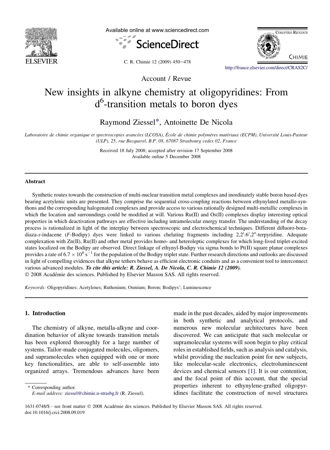 New insights in alkyne chemistry at oligopyridines: From d6-transition metals to boron dyes by Raymond Ziessel; Antoinette De Nicola