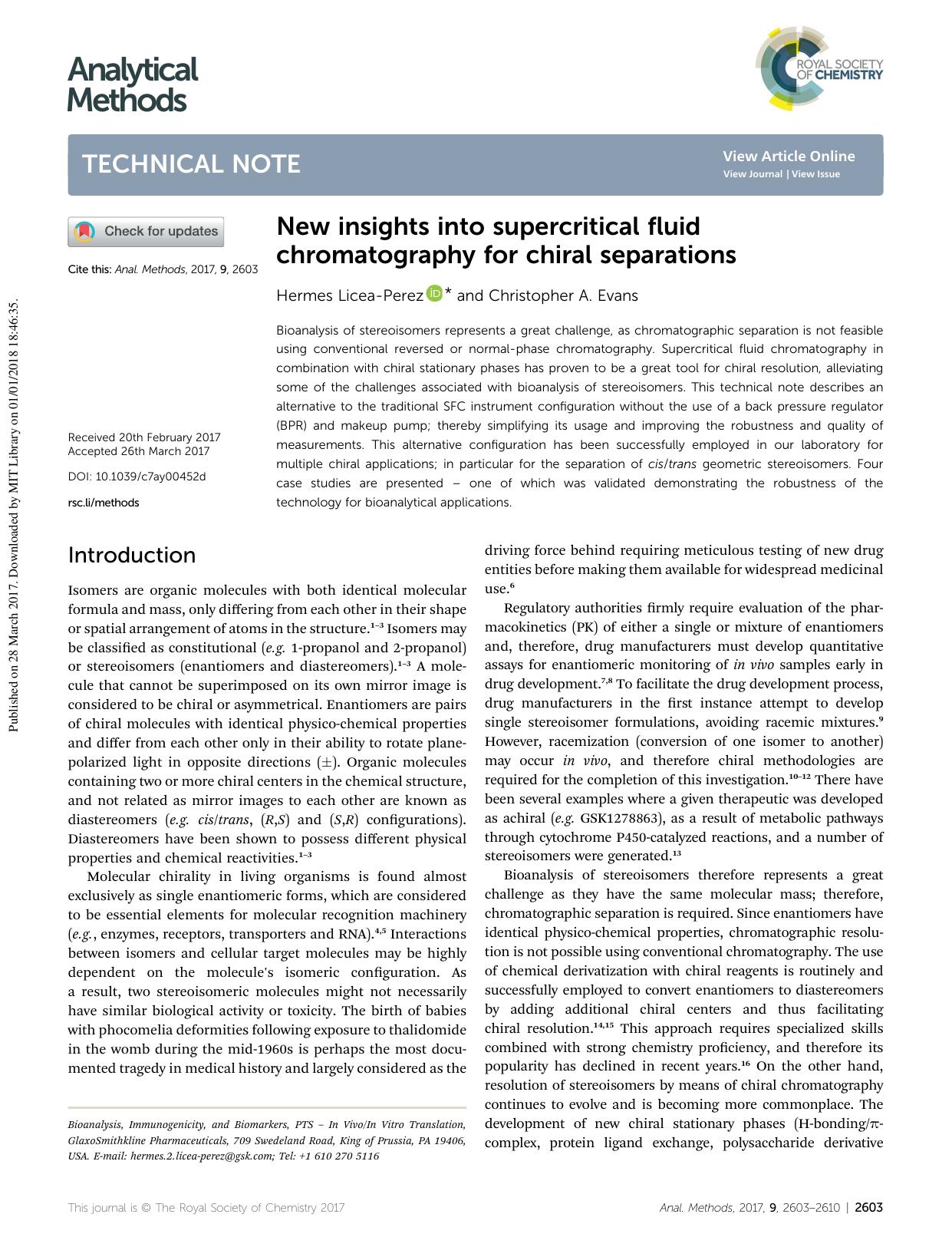 New insights into supercritical fluid chromatography for chiral separations by Hermes Licea-Perez & Christopher A. Evans