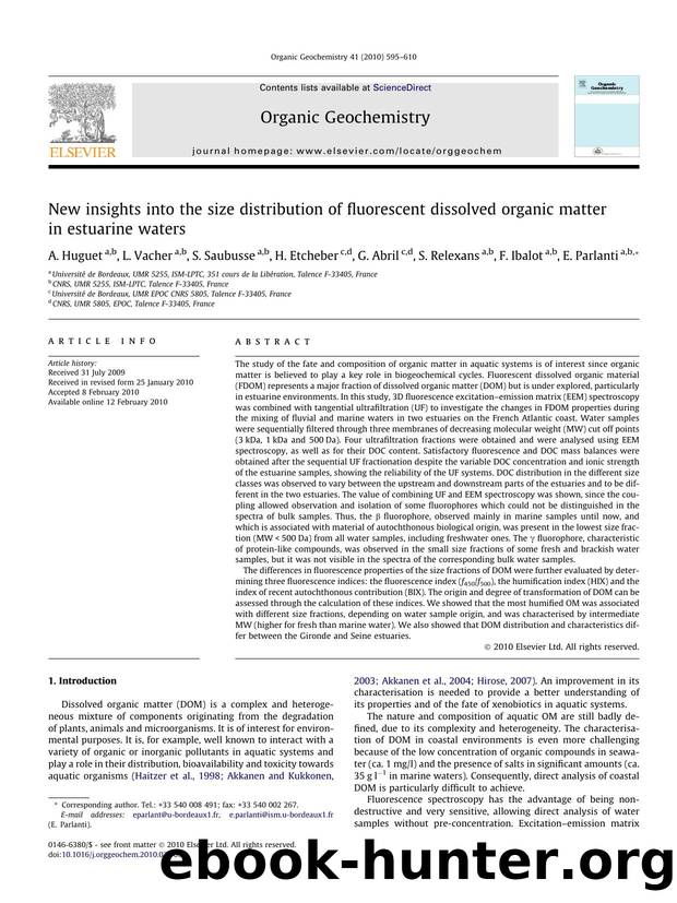 New insights into the size distribution of fluorescent dissolved organic matter in estuarine waters by A. Huguet; L. Vacher; S. Saubusse; H. Etcheber; G. Abril; S. Relexans; F. Ibalot; E. Parlanti