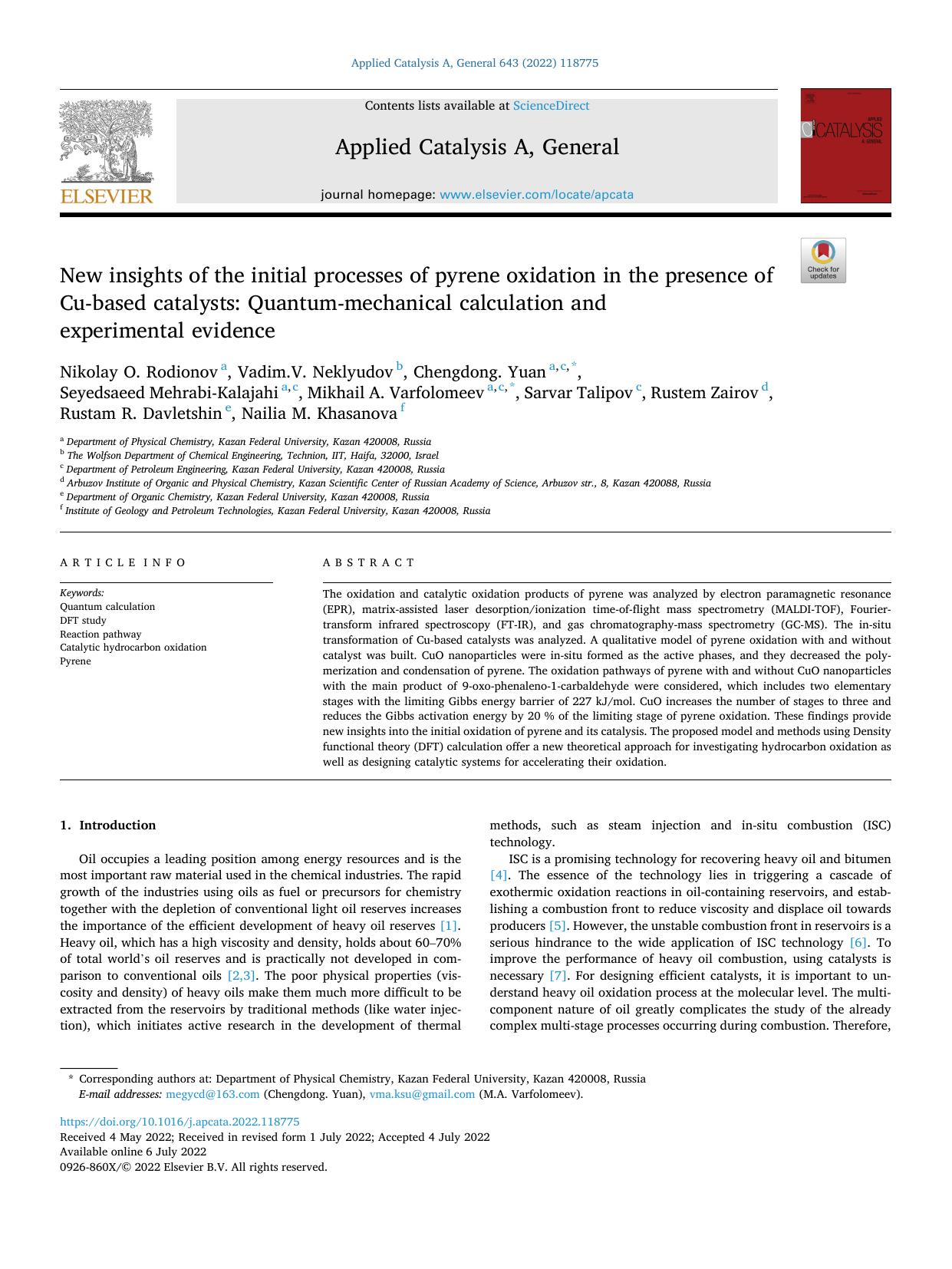 New insights of the initial processes of pyrene oxidation in the presence of Cu-based catalysts: Quantum-mechanical calculation and experimental evidence by Nikolay O. Rodionov