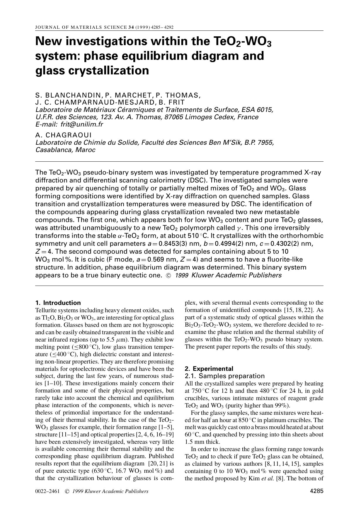 New investigations within the TeO2-WO3 system: phase equilibrium diagram and glass crystallization by Unknown