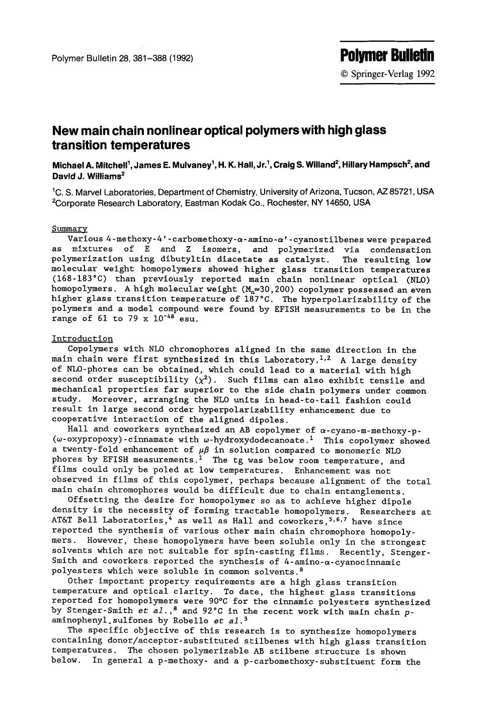 New main chain nonlinear optical polymers with high glass transition temperatures by Unknown