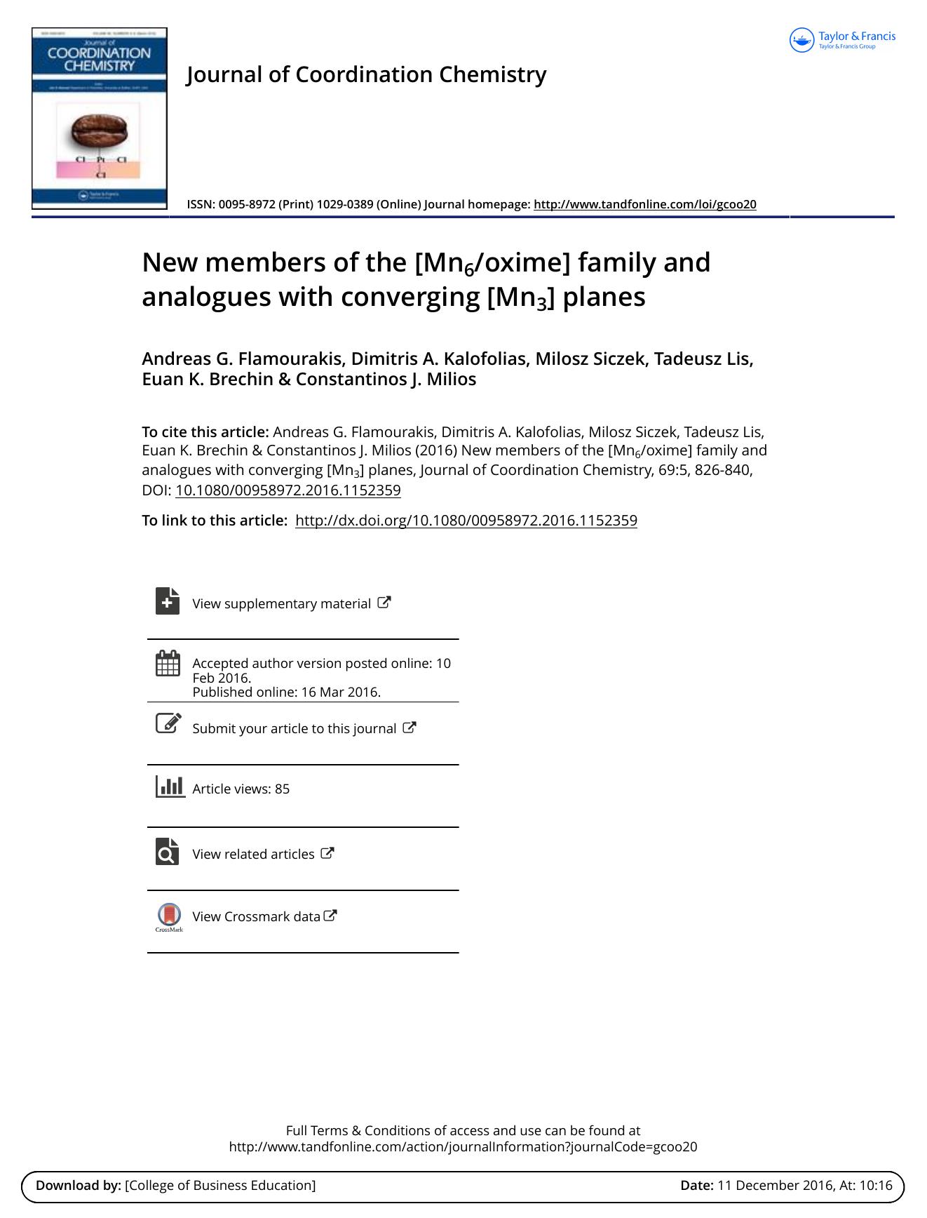 New members of the [Mn6oxime] family and analogues with converging [Mn3] planes by unknow