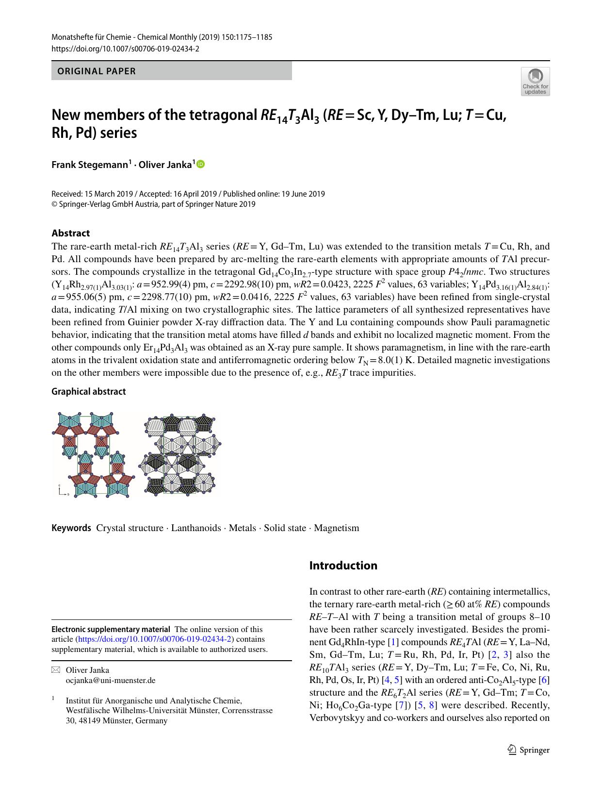 New members of the tetragonal RE14T3Al3 (REâ=âSc, Y, DyâTm, Lu; Tâ=âCu, Rh, Pd) series by Frank Stegemann & Oliver Janka