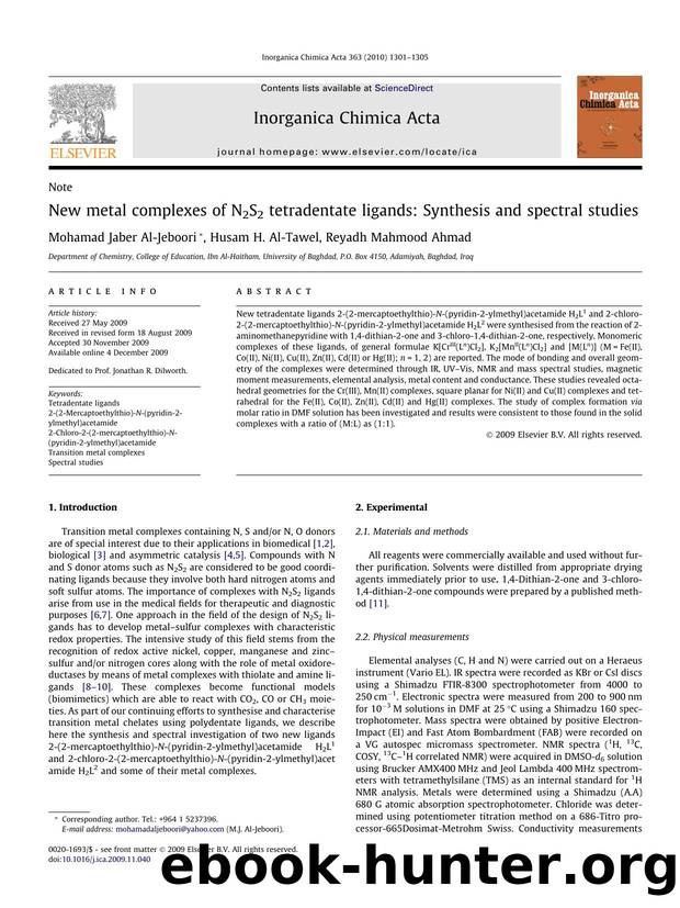 New metal complexes of N2S2 tetradentate ligands: Synthesis and spectral studies by Mohamad Jaber Al-Jeboori; Husam H. Al-Tawel; Reyadh Mahmood Ahmad