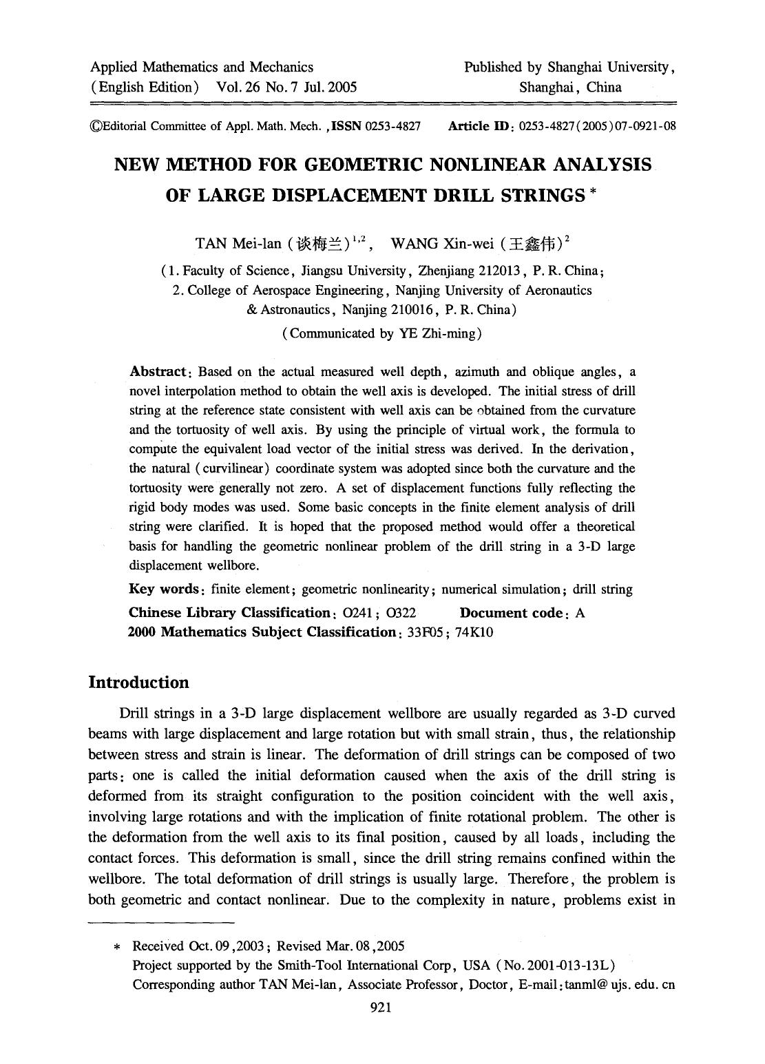 New method for geometric nonlinear analysis of large displacement drill strings by Unknown