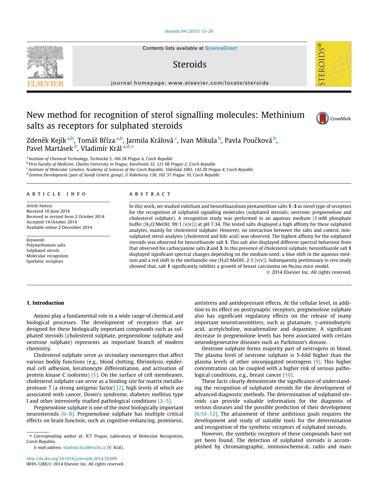 New method for recognition of sterol signalling molecules: Methinium salts as receptors for sulphated steroids by unknow