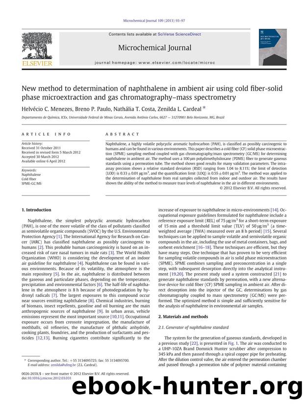 New method to determination of naphthalene in ambient air using cold fiber-solid phase microextraction and gas chromatographyâmass spectrometry by Helvécio C. Menezes & Breno P. Paulo & Nathália T. Costa & Zenilda L. Cardeal