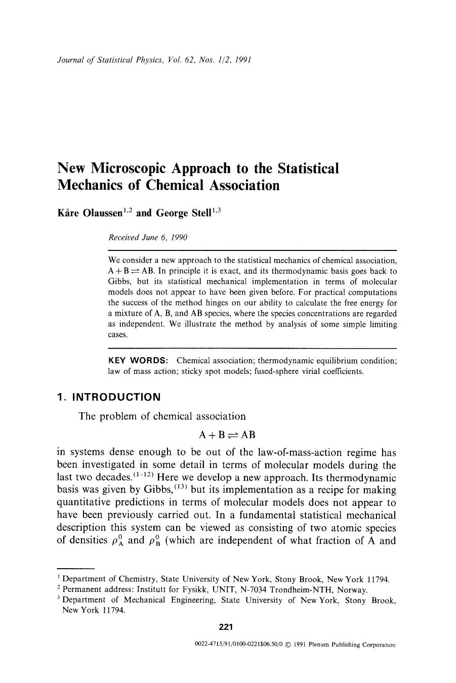 New microscopic approach to the statistical mechanics of chemical association by Unknown