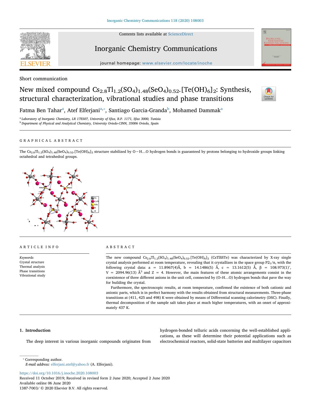 New mixed compound Cs2.8Tl1.2(SO4)1.48(SeO4)0.52.[Te(OH)6]2_ Synthesis, structural characterization, vibrational studies and phase transitions by Fatma Ben Tahar & Atef Elferjani & Santiago Garcia-Granda & Mohamed Dammak