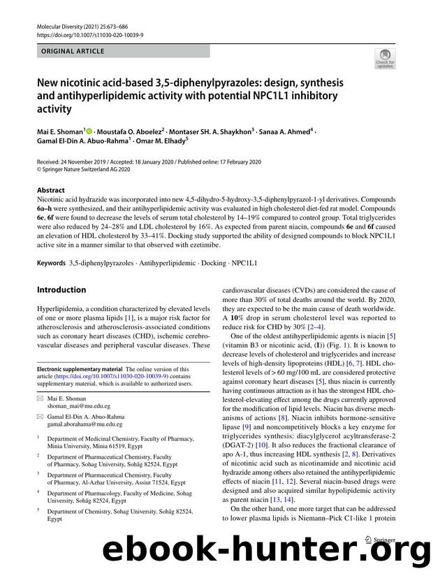 New nicotinic acid-based 3,5-diphenylpyrazoles: design, synthesis and antihyperlipidemic activity with potential NPC1L1 inhibitory activity by unknow