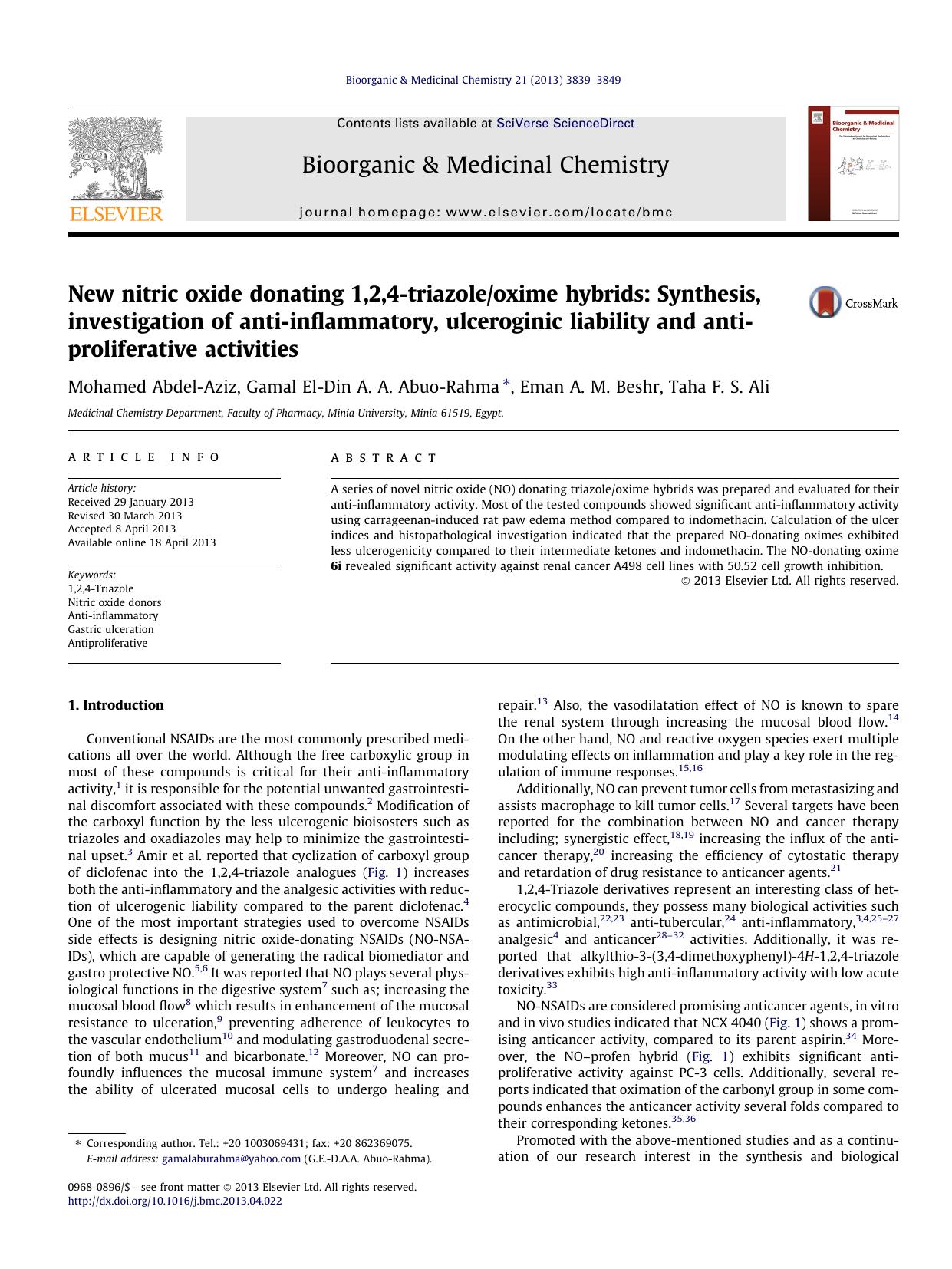New nitric oxide donating 1,2,4-triazoleoxime hybrids: Synthesis, investigation of anti-inflammatory, ulceroginic liability and antiproliferative activities by Mohamed Abdel-Aziz & Gamal El-Din A.A. Abuo-Rahma & Eman A.M. Beshr & Taha F.S. Ali