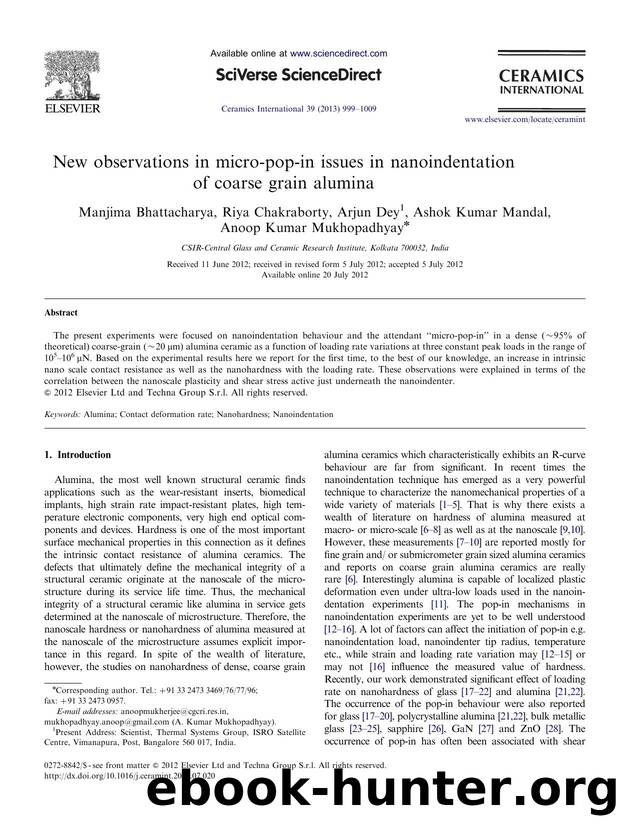New observations in micro-pop-in issues in nanoindentation of coarse grain alumina by Manjima Bhattacharya & Riya Chakraborty & Arjun Dey & Ashok Kumar Mandal & Anoop Kumar Mukhopadhyay