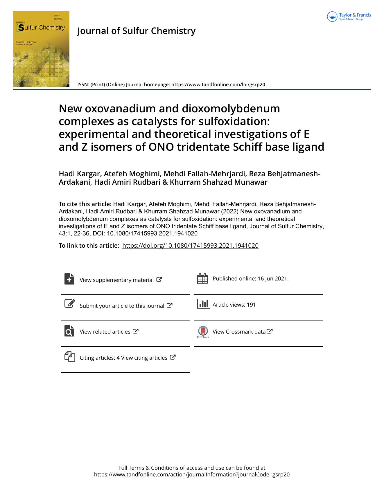 New oxovanadium and dioxomolybdenum complexes as catalysts for sulfoxidation: experimental and theoretical investigations of E and Z isomers of ONO tridentate Schiff base ligand by unknow